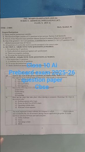 class 10 Ai preboard question paper 2026 | cbse board exam 2026 | artificial intelligence class 10