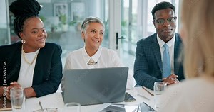 Meeting, recruitment or managers in job interview with businesswoman talking in b2b negotiation. Black people, funny or person laughing or speaking to hr management for hiring opportunity in office