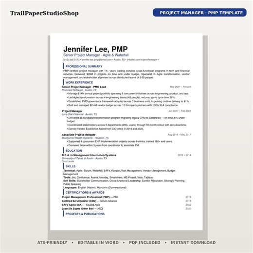 Project Manager Resume Template Pmp | PM Resume Word & PDF Ats-friendly Agile Scrum Cv Program Manager Instant Download - Etsy