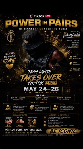 🩵‼️ TEAM LAVISH BATTLE STRATEGY ‼️🩵 THIS is not just another TikTok LIVE. This is an OFFICIAL featured TikTok “Power In Pairs” event, which means the app is PUSHING traffic, visibility, rankings, and engagement harder than normal. That means your strategy matters. 👑 ━━━━━━━━━━━━━━━ 🩵 HOW TEAM LAVISH WINS 🩵 ━━━━━━━━━━━━━━━ ‼️ 1. START STRONG IMMEDIATELY The first 5–10 minutes are EVERYTHING. TikTok boosts streams that instantly: 🩵 Get shares 🩵 Receive gifts 🩵 Have nonstop chat activity 🩵