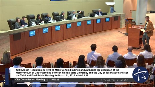 This is the live stream of the City Commission meeting held on Wednesday, January 14, 2026. Review the agenda at https://bit.ly/4bhWKLV | City of Tallahassee, FL - Government