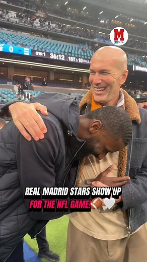 REAL MADRID STARS SHOW UP FOR THE NFL GAME!🏈🤍This is how Antonio Rüdiger and Zinedine Zidane greeted each other before kickoff of Dolphins vs. Commanders at the Bernabéu!🤝🏟️🎥: @jmancebosantos #RealMadrid #NFLMadrid #PhinsUp #Commanders #Madrid | Marca in English