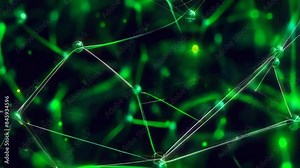 A detailed close-up of a green molecular network featuring glowing connections and nodes. The image depicts a complex structure, likely taken under a microscope, showcasing the intricate patterns