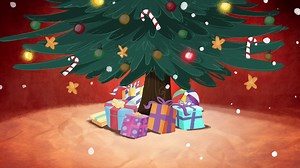 christmas tree background with lights and gifts. in the scene it is snowing