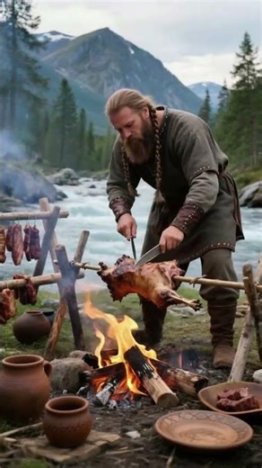 Viking Chef Preparing Roasted Meat Over Open Fire by Mountain River