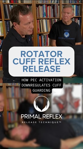 In this clip, PRRT founder John Iams and master instructor Charles Renner walk through a reflex based assessment of the rotator cuff. They palpate supraspinatus, infraspinatus, and teres minor, then use a reflex tap to reset the protective response. You will notice an NSR, which means Nociceptive Startle Response. For new viewers, think of an NSR as a protective reflex pattern similar to a trigger point. One key detail not mentioned is that we tap over the pec major tendon attachment. This activ