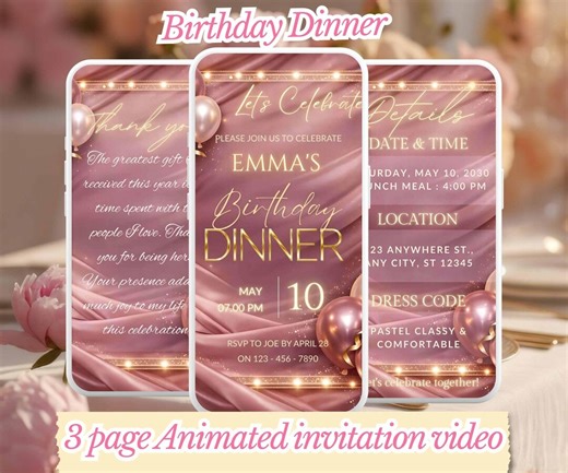 Editable Birthday Party Invitation Animated,luxury Birthday Dinner Video Blush Pink Gold, Instant Download Canva Template Digital Download - Etsy