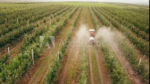apple tree spraying with a tractor