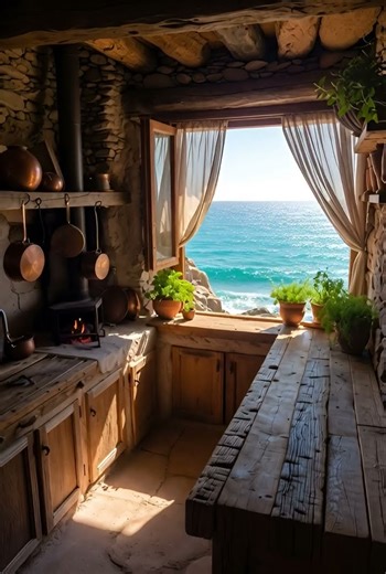 Seaside Cottage Kitchen Morning | Fireplace, Ocean View & Ambience | 海边小屋厨房的早晨 #coastalescape