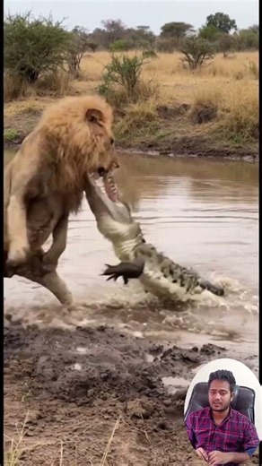 Lion vs Crocodile Amazing Wildlife Encounter Real Nature Moment. #lion #Crocodile #Wildlife2025