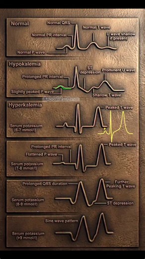 ECG changes in potassium disorders 🟢 HYPERKALEMIA (Elevated Serum K⁺) EKG changes evolve predictably with rising potassium levels: → Early (K⁺ ~6-7 mmol/L): Prolonged PR interval, Flattened P waves. → Moderate (K⁺ ~7-8 mmol/L): Tall, peaked ("tented") T waves. → Severe (K⁺ ~8-9 mmol/L): Prolonged QRS duration, ST-segment depressions. → Critical (K⁺ >9 mmol/L): Sine wave pattern, culminating in ventricular fibrillation or asystole. ⚫️ HYPOKALEMIA (Low Serum K⁺) Presents with a distinct pattern o