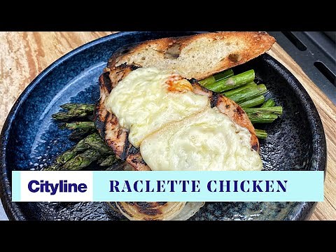 Raclette grilled chicken with charred asparagus and onion