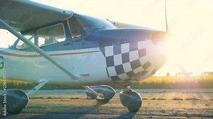 A small airplane with a rotating propeller. 4K. Stock Video