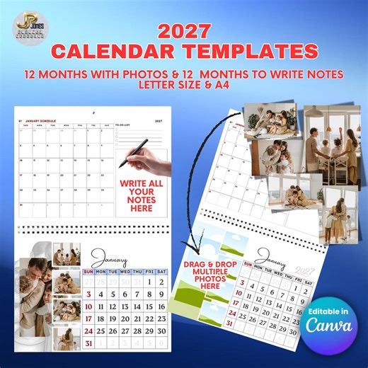 2027 Calendar Template Canva , Editable Photo Calendar , Printable Monthly Planner With Photo Collage , Family Calendar PDF A4 US Letter - Etsy