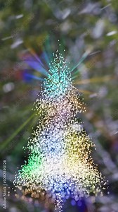 Christmas tree with snow falling. Turning christmas tree shape made of coloured lights. Real snow falling. Loops.
