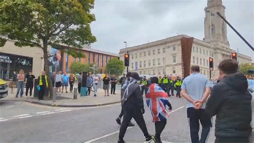 Some people have been dispersed in the town centre at this afternoon's protest. While things started off peacefully, police moved in to apprehend a small group of masked protesters. A line of officers are currently keeping the two groups of protesters apart. | Barnsley Chronicle