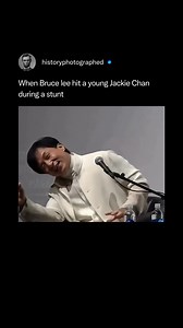 During the filming of a fight scene for the movie Enter the Dragon, Bruce Lee accidentally struck a young Jackie Chan in the face with a fighting stick. Lee immediately apologized and tended to Chan, who later admitted to exaggerating his injury to gain more attention from his idol. Credit: @tiff_net | History In Pictures