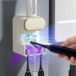 Automatic Toothpaste Dispenser,Smart Toothpaste Dispenser Wall Mounted with 3 Toothpaste Slots,Electric Toothbrush Holder Toothpaste Squeezer for Adults and Kids (Beige)