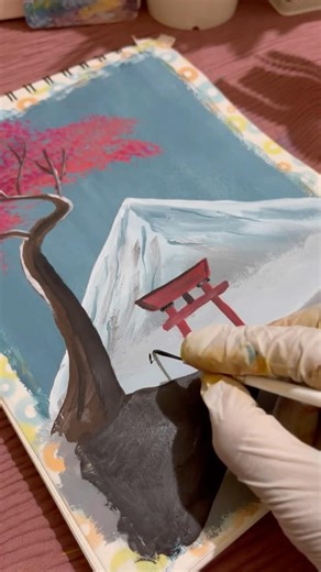 Aesthetic Japan snow Painting 🌸🏔️ Relaxing Gouache Art #shorts