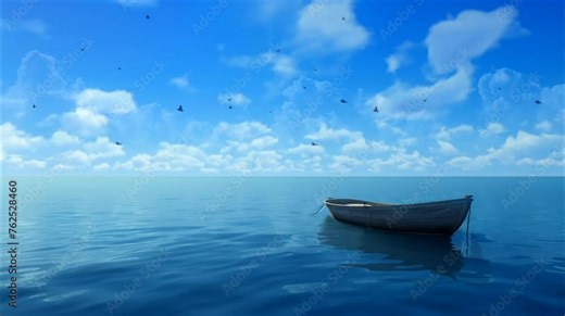 Seamless Looping Time-Lapse Animation Video Background: Boat Floating in the Middle of the Sea with Flocks of Birds Flying
