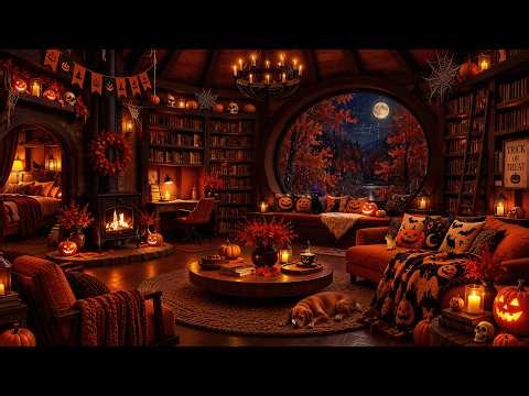 Sheltering from the Autumn Rain in a Halloween Cabin🎃Cozy Jazz, Fire Sounds & Pumpkin Glow to Unwind