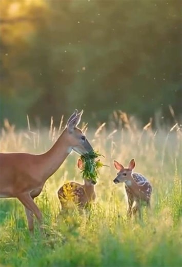 Drone captures a white tailed deer feeding its young ones