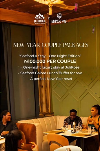 THE WAIT IS OVER!!! IT IS FINALLY HERE!!! NEW YEAR COUPLE PACKAGES 1. “Seafood & Stay — One Night Edition” ₦100,000 per couple • One-night luxury stay at JulieRose • Seafood Galore Lunch Buffet for two • A perfect New Year reset 2. “Two Nights of Indulgence” Couple Retreat ₦150,000 per couple • Two-night luxury stay • Seafood Galore Lunch Buffet for two • Extended relaxation & privacy • Ideal for couples starting the year slow & soft NEW YEAR’S DAY 3. Seafood Experience Seafood Galore Lunch Buff