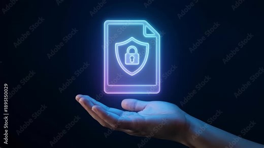 Data protection and cybersecurity concept with businessman holding hologram icon of secure personal information, digital privacy policy, and confidential identity management