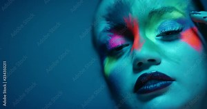 close up colorful portrait attractive woman wearing fluorescent face paint exotic multicolored body art with flashing ultraviolet light extreme makeup concept