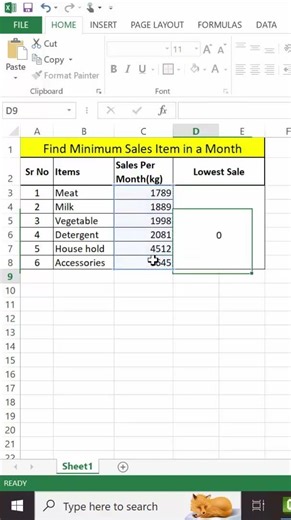 find lowest sales in a Month in excel , Minimum Function, #excel #spreadsheetmagic #exceltips