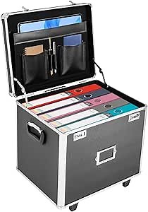 File Box With Lock, Multi-Layer Fireproof Document Box With Wheels,Aluminum Alloy File Lock Box,Hand Pull File Storage Organizer Box,Large Portable Home Office Filing Cabinet For Hanging Folders