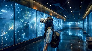 Virtual reality art gallery with immersive digital exhibits, visitors wearing VR headsets and exploring digital artworks