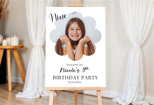 9th Birthday Party Welcome Sign With Photo, Minimalist Daisy Boy Girl Ninth Birthday Poster, Editable Canva Template - Etsy
