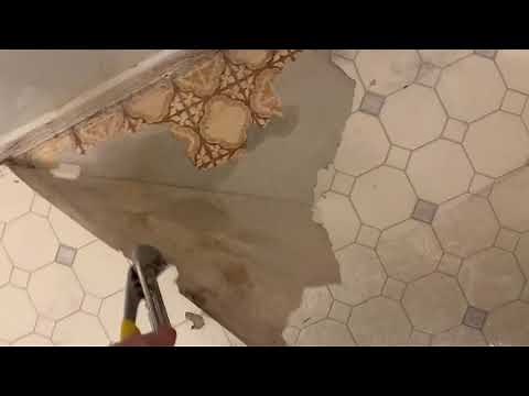 DIY How to Pull Up and Remove Old Bathroom Linoleum Glue Down Flooring | Step By Step Demonstration