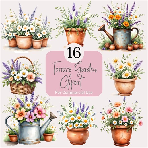 16 Whimsical Potted Plants Clipart | Watercolor Terrace Gardening Graphics (digital Download) - Etsy