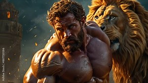 Hercules, the hero of Greek mythology, is shown in great detail: his muscles rippling, golden lion skin draped over his shoulders, and a fearless expression on his face.