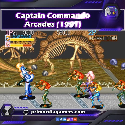 🦸‍♂️💥 Captain Commando – Arcade (1991) En el año 2026, Metro City está al borde del colapso… y Captain Commando lidera un escuadrón de héroes imposibles para detener la invasión criminal. Beat ‘em up con scroll lateral, donde eliges entre un ninja cibernético, una momia alienígena, un bebé genio en mecha, o el propio Capitán con guantes eléctricos. Combos brutales, agarres únicos, escenarios futuristas y enemigos grotescos que van desde mutantes hasta cyborgs asesinos. ¿Héroe por justicia… o p