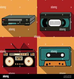 A set of four simple flat style icons with a long shadow from old retro vintage hipster antique electronics, tape recorder, audio tape, video player a Stock Vector Image & Art - Alamy