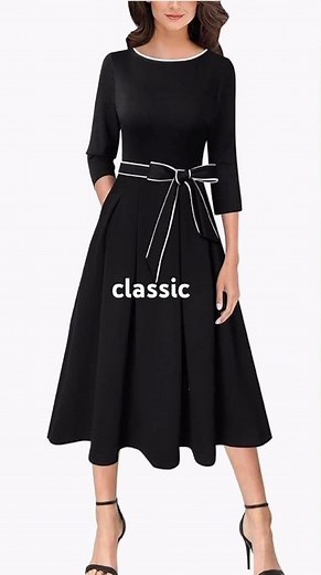 💫 Classically Chic — Black A-Line Fall Dress with White Piping Belt & Pockets