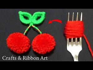 Amazing Woolen Craft Ideas with Fork - DIY Pom Pom Cherry with Yarn - How to Make Cherry Keychain