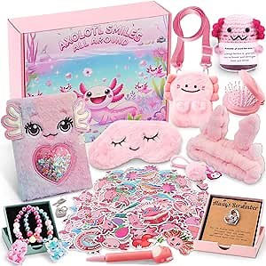 Axolotl Gift Set for Girls - Cute Axolotl-Themed Toy Box with Fluffy Diary, Stickers,Pen, Crocheted Stuffed Animal, Pink Purse, Necklace, Keychain, and More Axolotl Stuff - Birthday Gifts for Kids