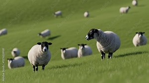 Flock of white sheep with black faces grazing peacefully on a vibrant green grassy hillside under