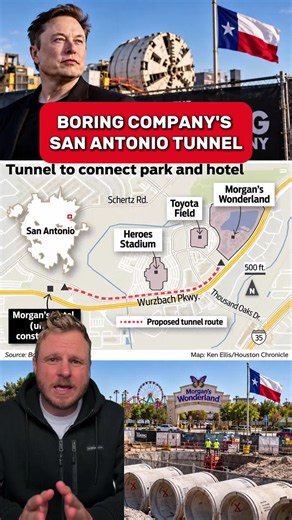 🚨 ELON MUSK'S BORING COMPANY HAS OFFICIALLY STARTED CONSTRUCTION ON ITS FIRST TUNNEL IN SAN ANTONIO! The Bastrop-based company is building the Morgan's Inclusion Tunnel, connecting Morgan's Wonderland, an accessible theme park, to the new 93-room Morgan's Hotel and other facilities on the city's Northeast Side. The tunnel will also connect Morgan's Multi-Assistance Center and Morgan's Wonder Care, helping families and individuals with disabilities travel between facilities. Tesla vehicles are e