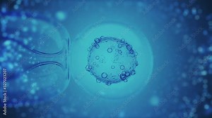 IVF in vitro fertilization through a microscope on blue. Scientific medical 3D rendering of an artificial insemination of female egg, ovum or zygote. 4k