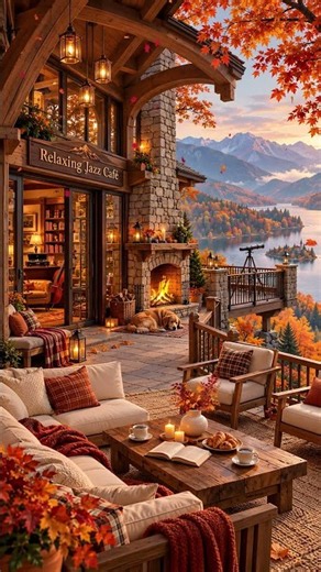 (NO ADS) Autumn Mountain Coffeehouse Jazz ☕ Lake Views, Waterfall & Warm Fireplace for Deep Focus