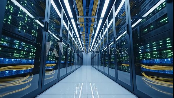 Server room shows many computers with blue and green lights and yellow cables in a modern data center at evening time