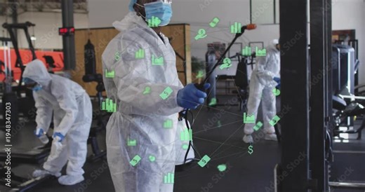 Lead cleaner raising wand, sanitizing gym and team wiping areas while green icons moving over gear