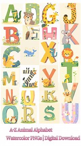 A-Z Animal Alphabet Clipart – Watercolor Pngs for Kids | Nursery Decor, Flashcards & Homeschool Crafts - Etsy