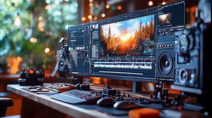 A modern workstation with a computer, speakers, and a professional video editing interface on the screen, designed for video editing and post-production