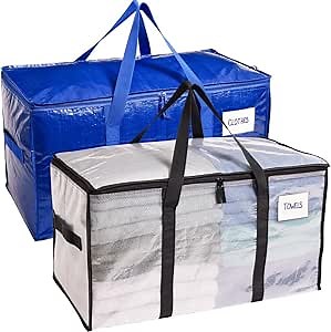 RUGGED RHINO Heavy Duty Extra Large Moving Bags, Durable Bag Strong Handles and Zipper, Moving Boxes Alternative for College Packing, Holiday Décor, Space Saving Storage with Label, 2 Pack Blue/Clear